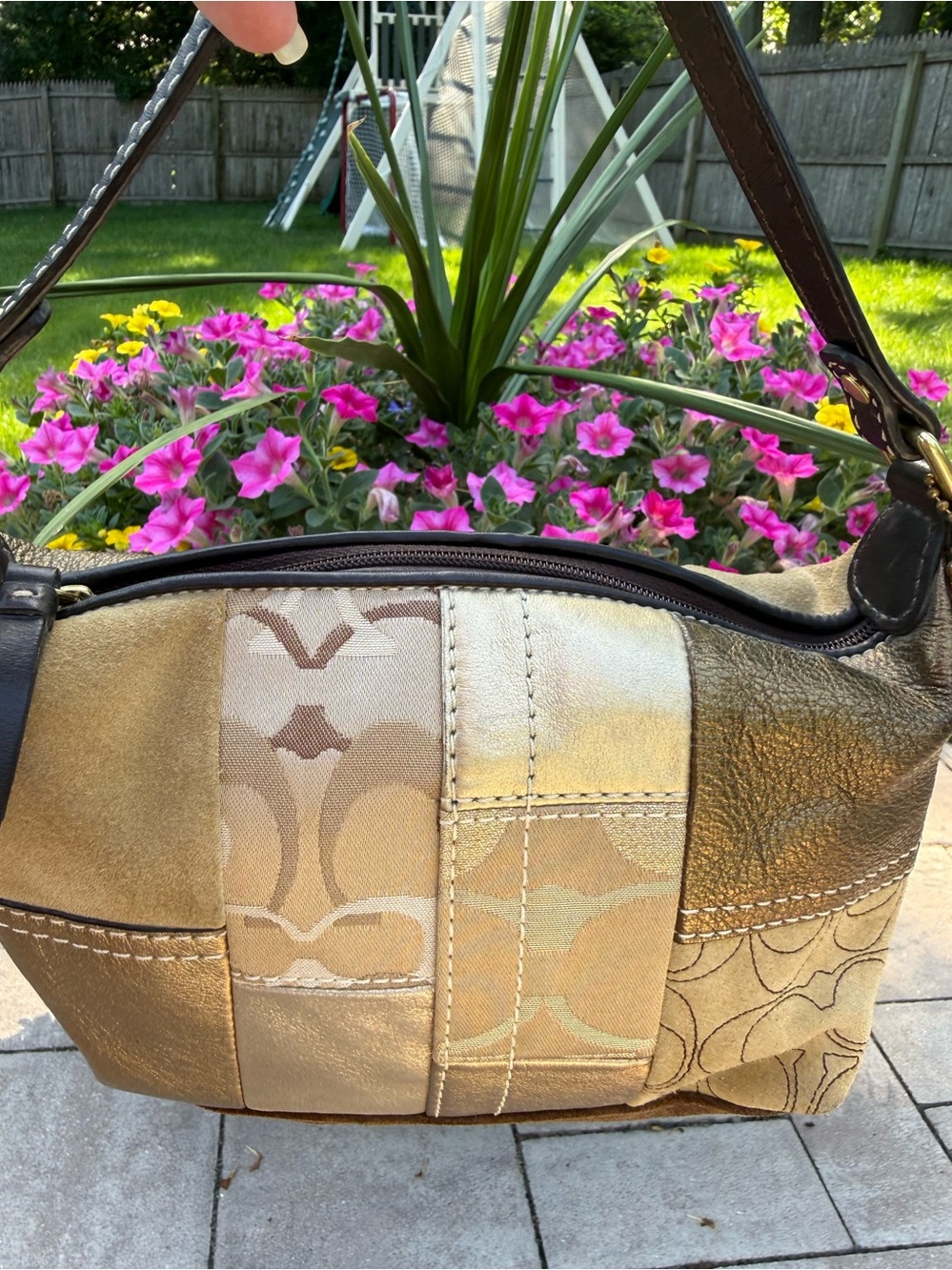 Coach Patchwork Mini Shoulder Bag in gold brown  Tan signature suede and leather